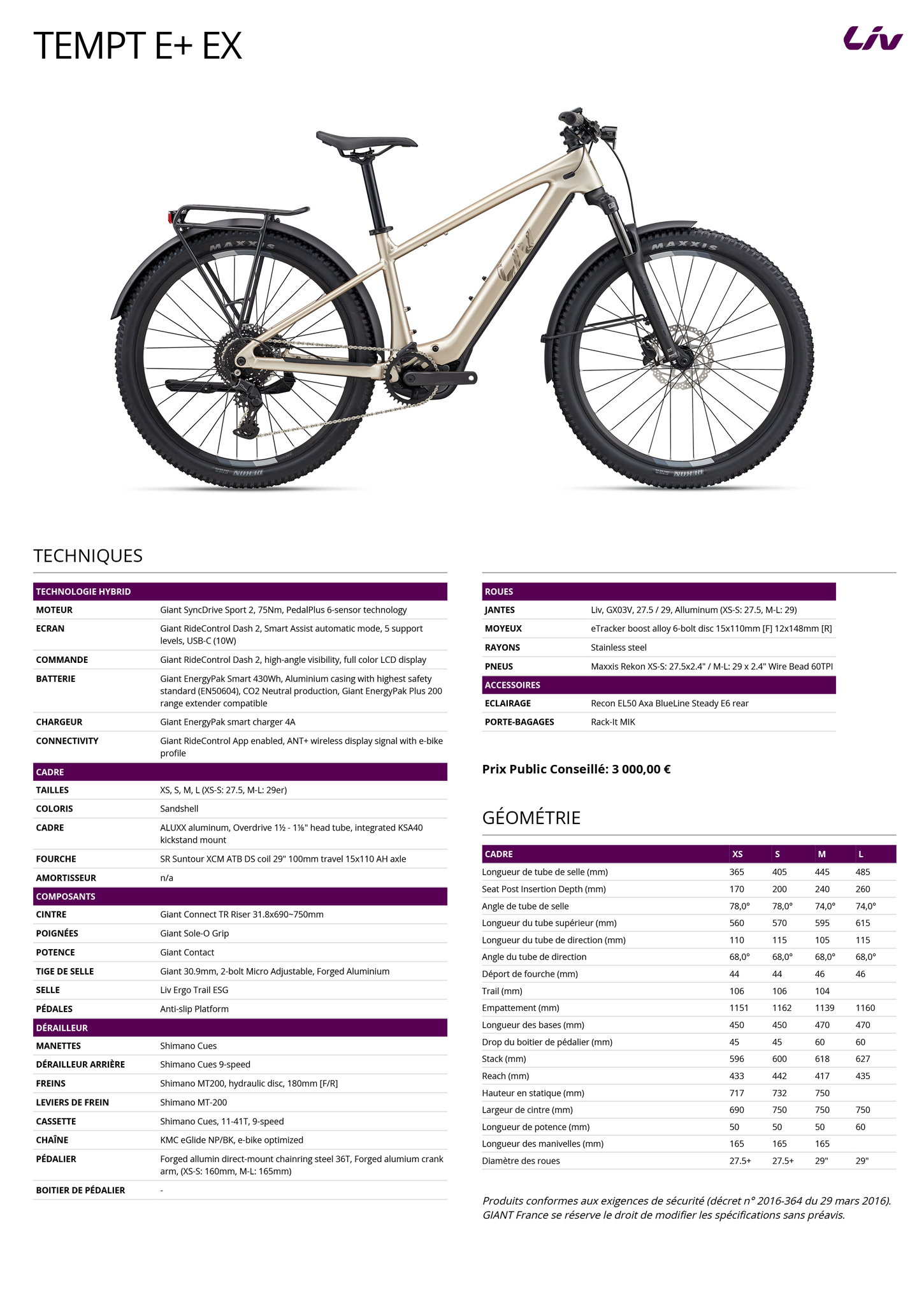 Fiche technique du velo Tempt E+ EX année 2026